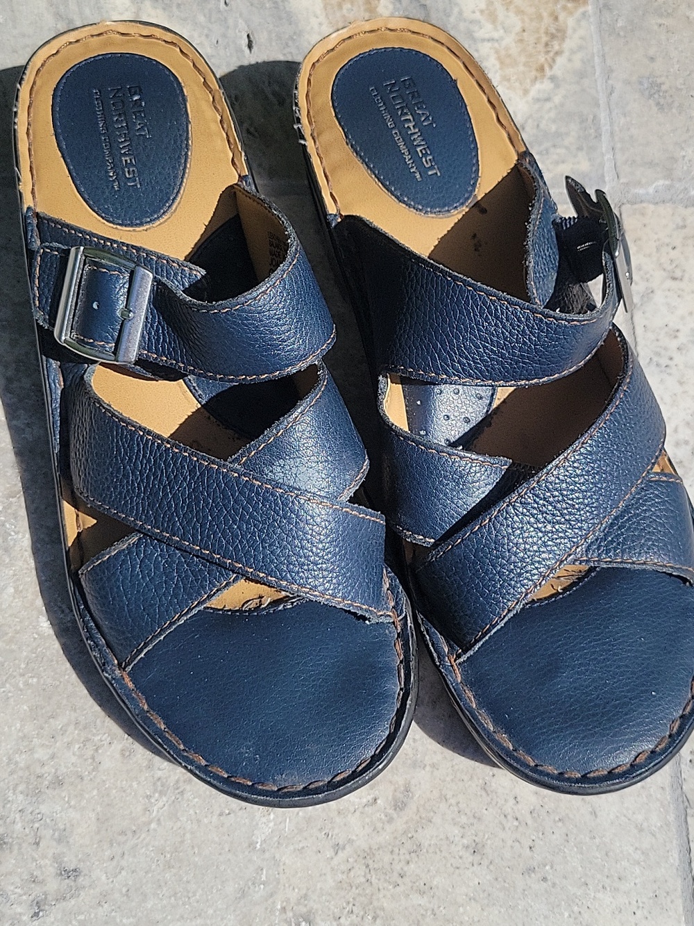 Navy Blue Leather Slide On Sandals with Buckle 9